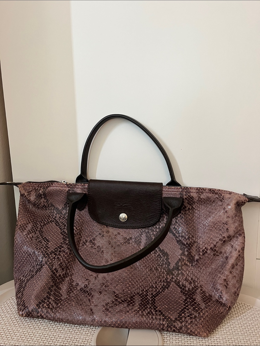Longchamp Purple/Pink Snakeskin-Print Leather Tote with Brown Trim